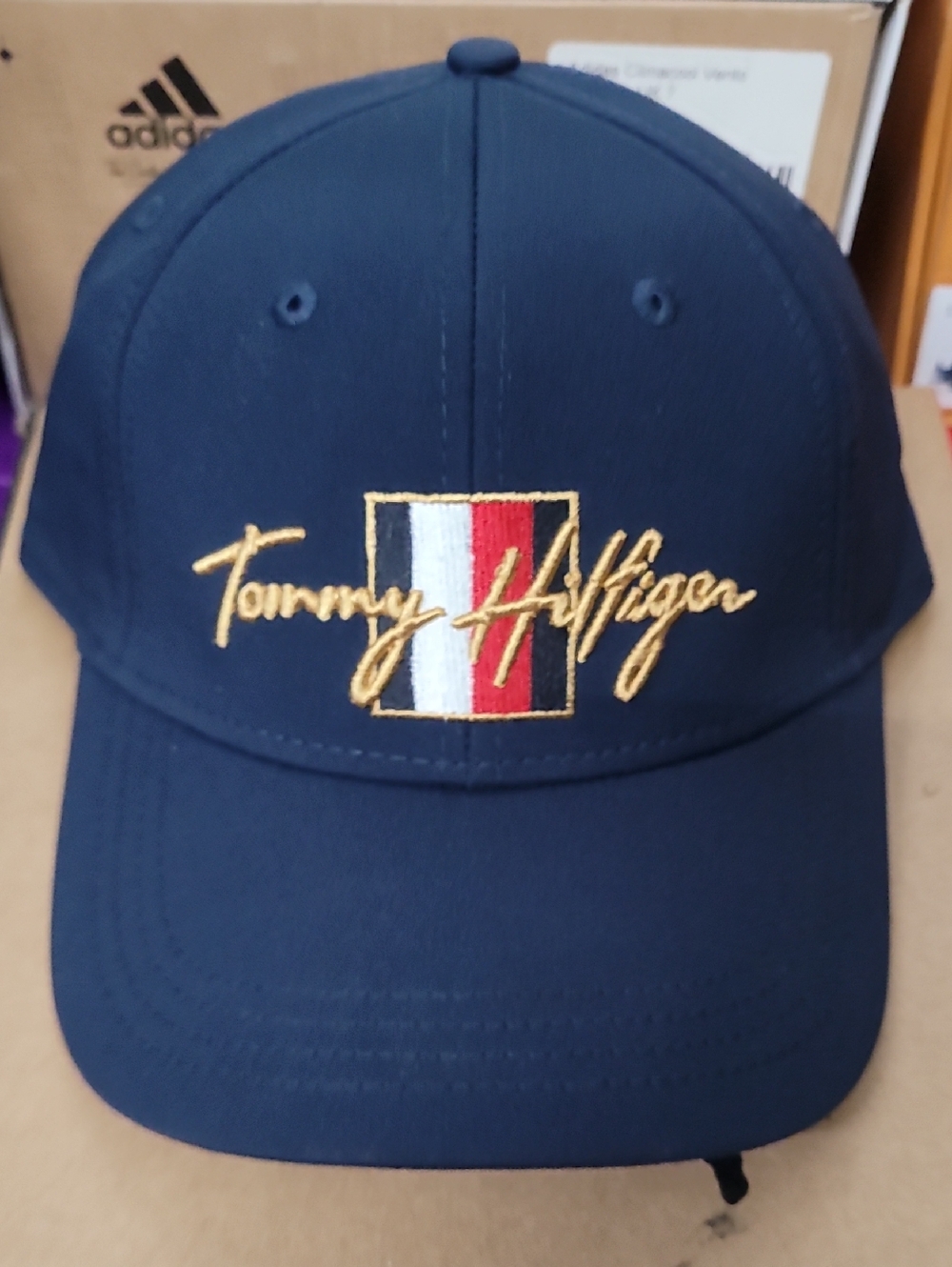 Tommy Hilfiger Navy Baseball Cap with Gold Script and Tricolor Patch